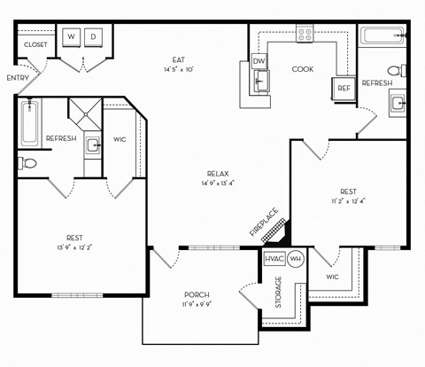 1116 Square-Feet 2 Bedrooms B and 2 Bathrooms Floor Plans at Stone Gate Apartments, Spring Lake